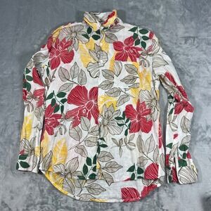 By The Sea Button Down Shirt Mens Large Tropical 100% Linen Floral Red Yellow